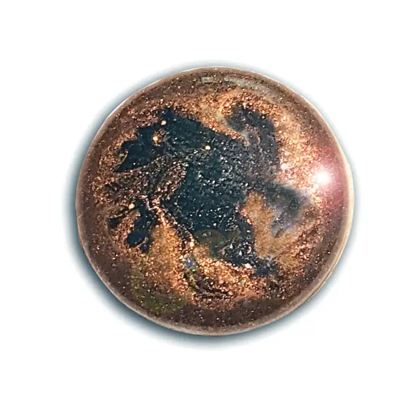 Bronze-colored orb with lion silhouette design.